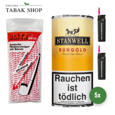 Stanwell Sungold Pfeifentabak (5 x 40g) + 80 BLITZ Pfeifenreiniger + 2 Sturmfeuerzeuge