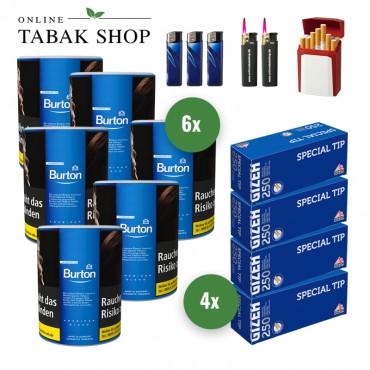 Burton Blue Zigaretten Tabak (6 x 120g) + 1.000 GIZEH Special Tip Hülsen + 3 Feuerzeuge + 2 Sturmfeuerzeuge + 1 GIZEH Etui