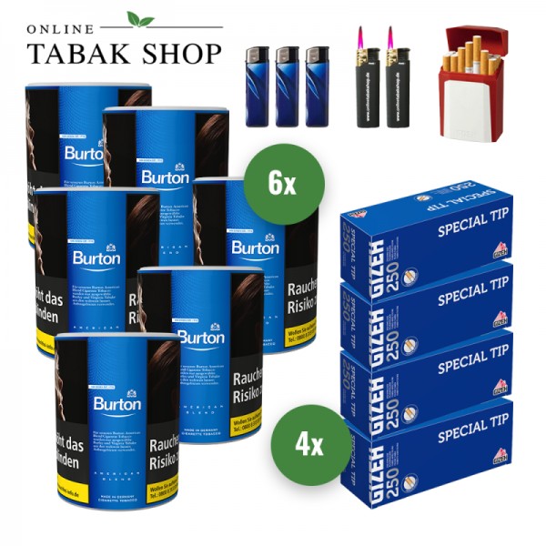 Burton Blue Zigaretten Tabak (6 x 120g) + 1.000 GIZEH Special Tip Hülsen + 3 Feuerzeuge + 2 Sturmfeuerzeuge + 1 GIZEH Etui