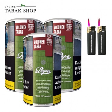 Pepe Rich Green Volumentabak Tabak (3x 83g) +2 Turbo Sturmfeuerzeuge