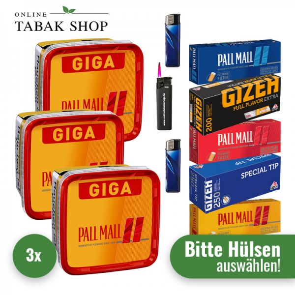 Pall Mall Volumentabak (3 x 263g) + 2.000 Hülsen (wählbar) + 1 Sturmfeuerzeug + 2 Feuerzeuge