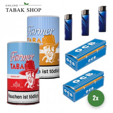 Farmer Orange Tabak (1x 160g) + Farmer Rot Tabak (1x 160g) + 400 OCB-Hülsen + 3 Feuerzeuge