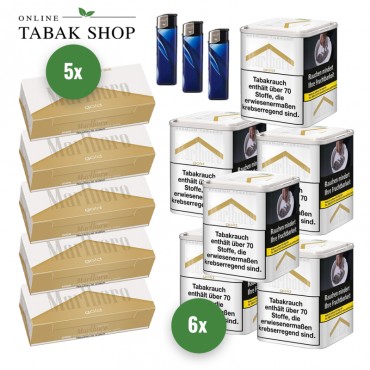 Marlboro Gold Premium Tabak (6 x 70g) + 1.000 Marlboro Gold Hülsen + 3 Feuerzeuge