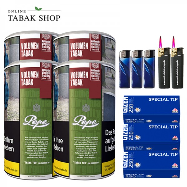 Pepe Rich Green Volumentabak Tabak (4x 83g) + 750 Gizeh Special Hülsen , 3xFeuerzeuge , 2x Sturmfeuerzeuge