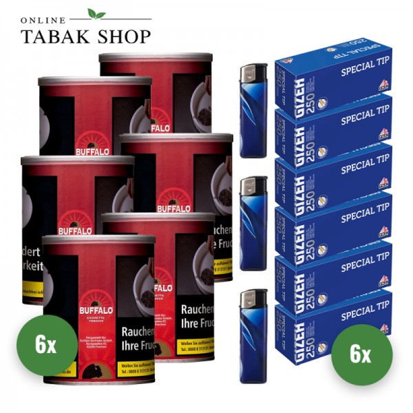 Buffalo Rot/Red Tabak Feinschnitt (6 x 140g) + 1.500 Gizeh Special Tip Hülsen + 3 Feuerzeuge