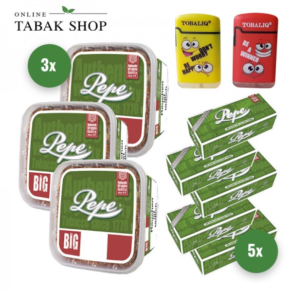 Pepe Rich Green Volumentabak (3 x 170g) + Pepe Hülsen (5 x 200er) + 2 TobaliQ Happy Smile Motiv Feuerzeuge