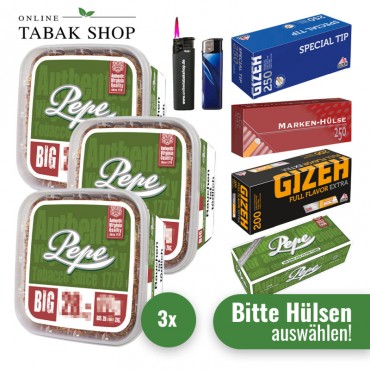 Pepe Rich Green Volumentabak (3 x 170g) + 1.000 Hülsen (wählbar) + 1 Sturmfeuerzeug + 1 Feuerzeug