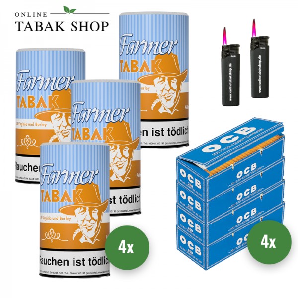 Farmer Tabak / Pfeifentabak Dose (4x 160g), 800 OCB Hülsen, 2 Sturmfeuerzeuge