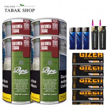Pepe Rich Green Volumentabak Tabak (4x 83g) + 800 Gizeh Flavor Extra Hülsen , 3xFeuerzeuge , 2x Sturmfeuerzeuge