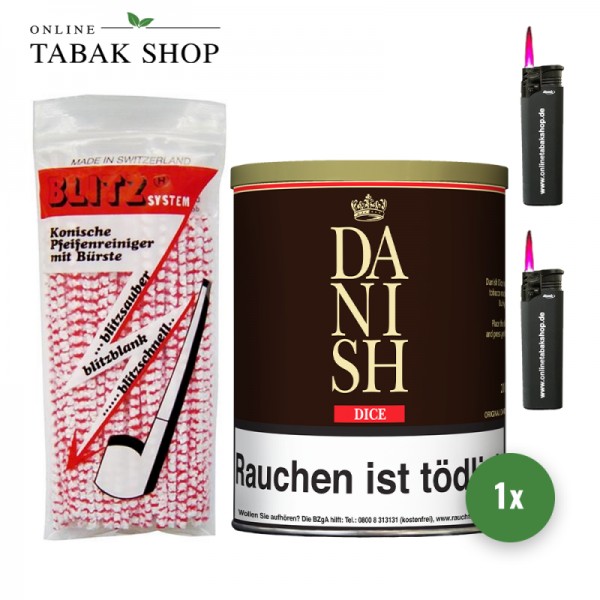 Danish Dice Pfeifentabak (1x 200g) + 80 BLITZ Pfeifenreiniger und 2 Sturmfeuerzeuge