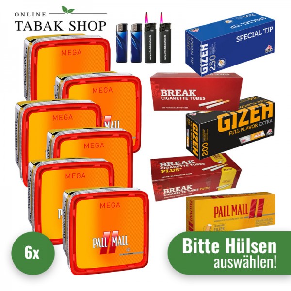 Pall Mall Allround Red Tabak Mega (6 x 125g) + 2.000 Hülsen (wählbar) + 2 Sturmfeuerzeuge + 2 Feuerzeuge