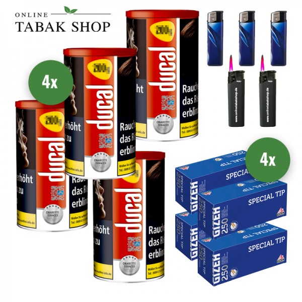 Ducal Rot Tabak (4 x 168g) + 1.000 Gizeh Special Tip Hülsen + 3 Feuerzeuge + 2 Sturmfeuerzeuge