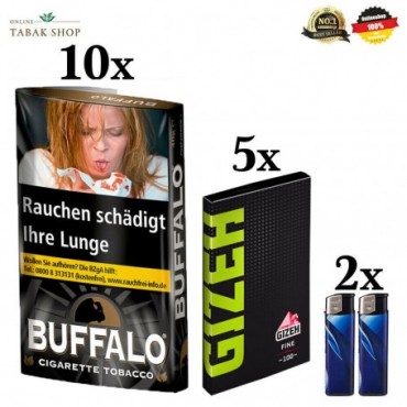Buffalo Tabak Black (10 x 40g) + Gizeh Black Fine Green Blättchen (5 x 100er) + 2 Feuerzeuge