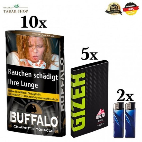 Buffalo Tabak Black (10 x 40g) + Gizeh Black Fine Green Blättchen (5 x 100er) + 2 Feuerzeuge