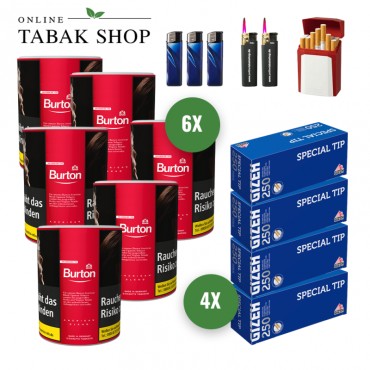 Burton Red Zigaretten Tabak (6 x 120g) + 1.000 GIZEH Special Tip Hülsen + 3 Feuerzeuge + 2 Sturmfeuerzeuge + 1 GIZEH Etui
