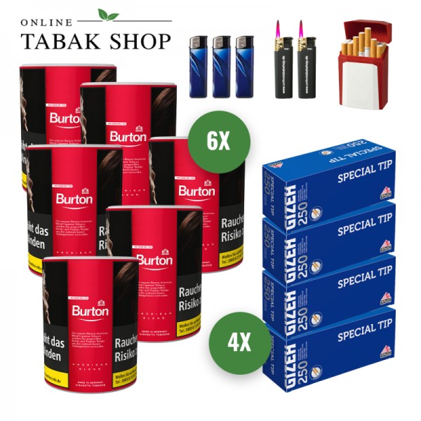 Burton Red Zigaretten Tabak (6 x 120g) + 1.000 GIZEH Special Tip Hülsen + 3 Feuerzeuge + 2 Sturmfeuerzeuge + 1 GIZEH Etui