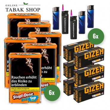 Fargo Volumen Stopf Dose Orange (6 x 92g) + 1.200 Gizeh Full Flavor Extra Hülsen + 3 Feuerzeuge + 2 Sturmfeuerzeuge