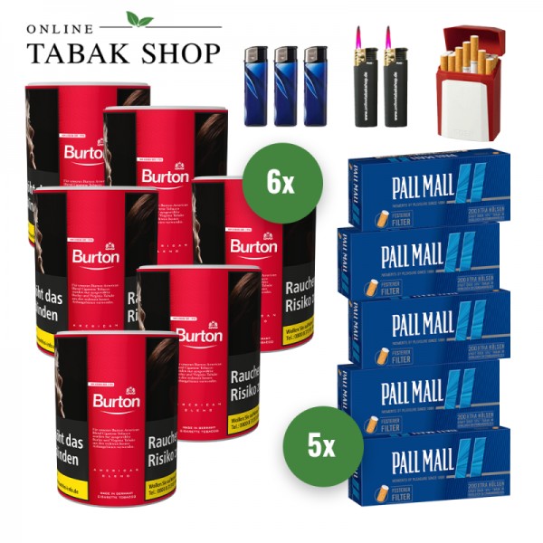 Burton Red Zigaretten Tabak (6 x 120g) + 1.000 Pall Mall Blue Xtra Hülsen + 3 Feuerzeuge + 2 Sturmfeuerzeuge +1 GIZEH Etui