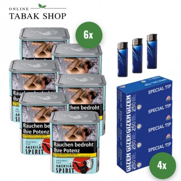 American Spirit Original Blau Tabak (6 x 80g) + 1.000 GIZEH Special Tip Hülsen + 3 Feuerzeuge