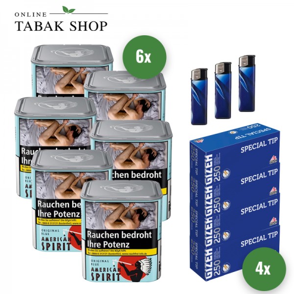 American Spirit Original Blau Tabak (6 x 80g) + 1.000 GIZEH Special Tip Hülsen + 3 Feuerzeuge