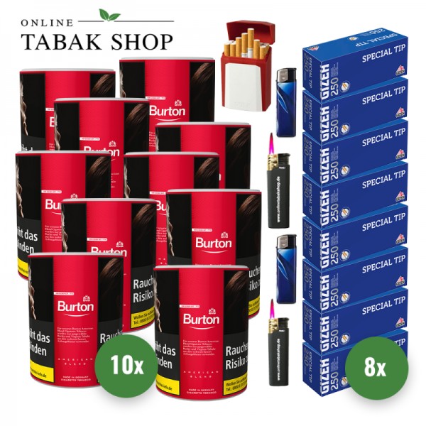 Burton Red Tabak (10 x 120g) + 2.000 Gizeh Special Tip Hülsen + 2 Feuerzeuge + 2 Sturmfeuerzeuge +1 Gizeh Etui