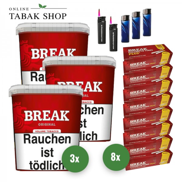 Break Original Volumentabak (3 x 195g) + 1.600 Break Plus Hülsen + 3 Feuerzeuge + 2 Sturmfeuerzeuge