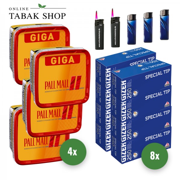 PALL MALL Tabak (4 x 263g) + 2.000 GIZEH Special Tip Hülsen + 3 Feuerzeuge + 2 Sturmfeuerzeuge