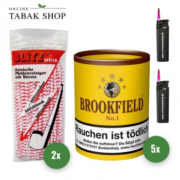 Brookfield No. 1 Pfeifentabak (5 x 200g) + BLITZ Pfeifenreiniger (2 x 80) + 2 Sturmfeuerzeuge