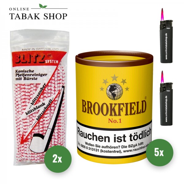 Brookfield No. 1 Pfeifentabak (5 x 200g) + BLITZ Pfeifenreiniger (2 x 80) + 2 Sturmfeuerzeuge