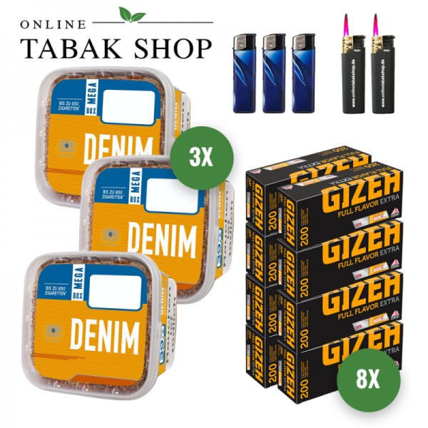 Denim Volumentabak (3 x 220g) + 2.000 Gizeh Full Flavor Extra Hülsen + 3 Feuerzeuge + 2 Sturmfeuerzeuge