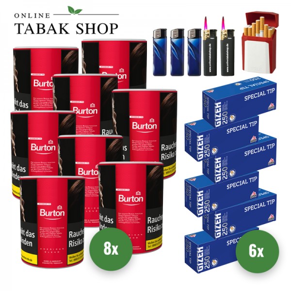 Burton Red Zigaretten Tabak (8 x 120g) + 1.500 GIZEH Special Tip Hülsen + 3 Feuerzeuge + 2 Sturmfeuerzeuge + 1 GIZEH Etui