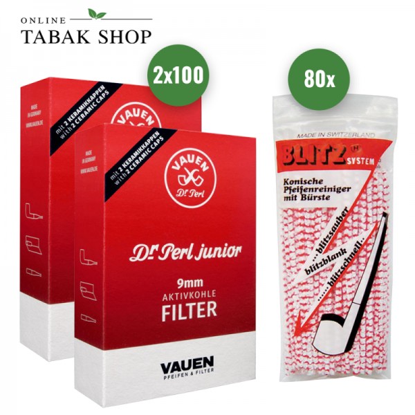 Dr. Perl Pfeifenfilter 9mm Aktivkohlefilter (2 x 100er) + 80 Blitz Pfeifenreiniger
