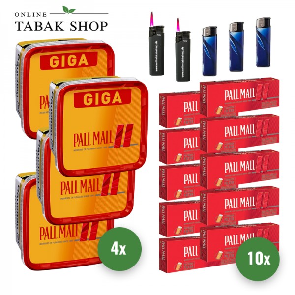 PALL MALL Tabak (4 x 263g) + 2.000 PALL MALL Red Xtra Hülsen + 3 Feuerzeuge + 2 Sturmfeuerzeuge