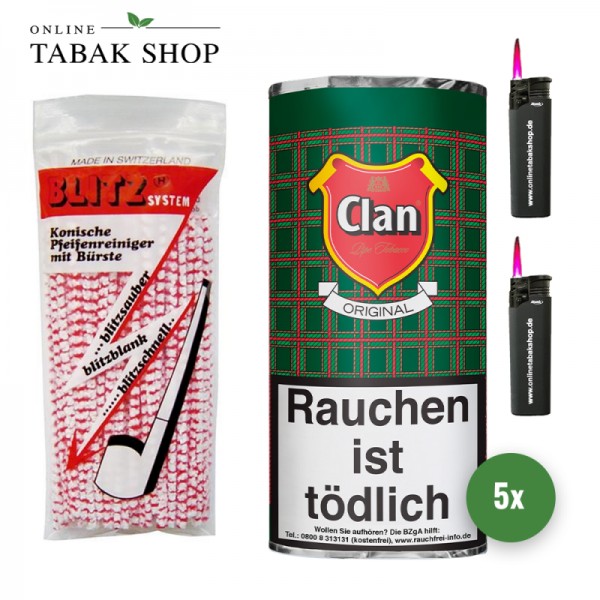 Clan Aromatic Pfeifentabak (5 x 50g) + 80 Blitz Pfeifenreiniger + 2 Sturmfeuerzeuge