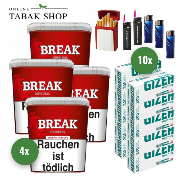Break Original Volumentabak (4 x 195g) + 2.000 Gizeh Menthol Hülsen + 3 Feuerzeuge + 2 Sturmfeuerzeuge + 1 Gizeh Etui