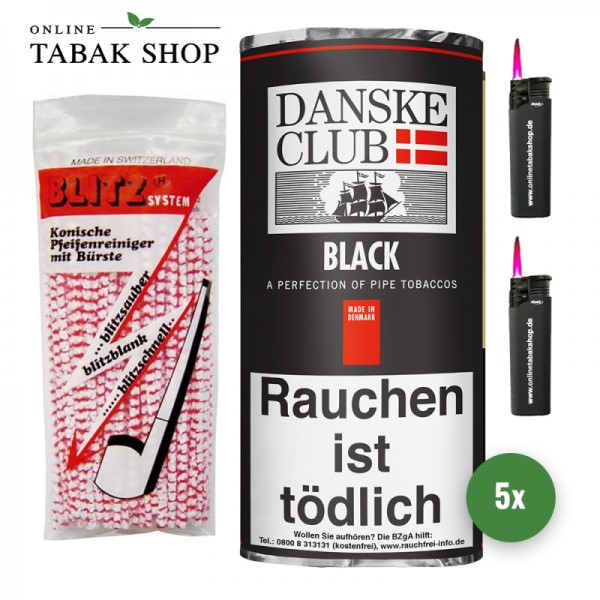 Danske Club Black Pfeifentabak (5 x 50g) + 80 Blitz Pfeifenreiniger + 2 Sturmfeuerzeuge