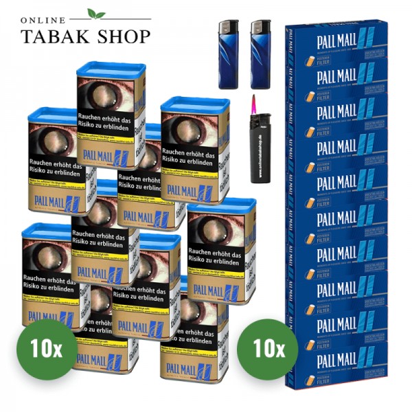 PALL MALL Authentic Blue XL Tabak (10 x 80g) + 2.000 Pall Mall Blau Xtra Hülsen + 2 Feuerzeuge + 1 Sturmfeuerzeug