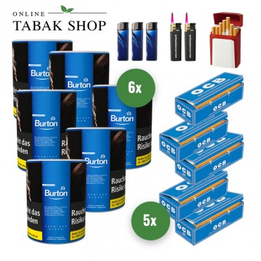 Burton Blue Zigaretten Tabak (6 x 120g) + 1.000 OCB Hülsen + 3 Feuerzeuge + 2 Sturmfeuerzeuge + 1 GIZEH Etui