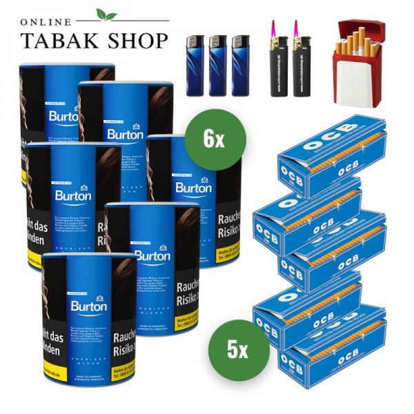 Burton Blue Zigaretten Tabak (6 x 120g) + 1.000 OCB Hülsen + 3 Feuerzeuge + 2 Sturmfeuerzeuge + 1 GIZEH Etui