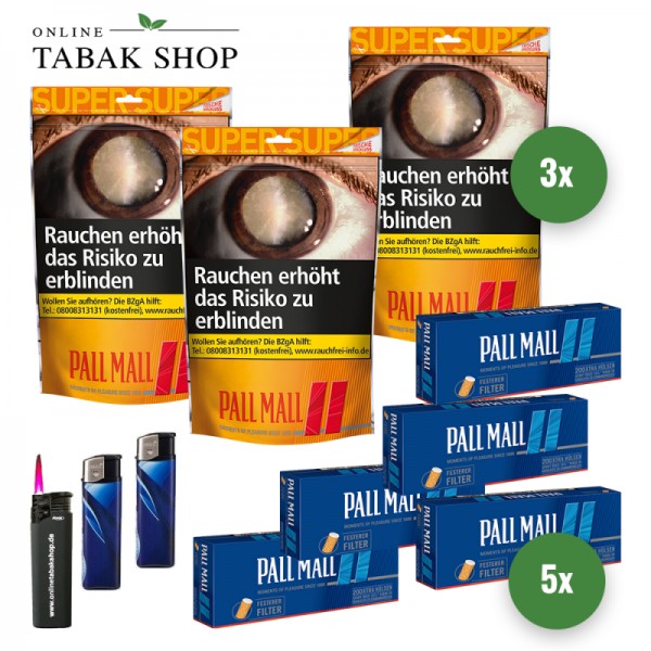 Pall Mall Allround Tabak Super (3 x 145g) + 1.000 Pall Mall Xtra Hülsen + 1 Sturmfeuerzeug + 1 Feuerzeug