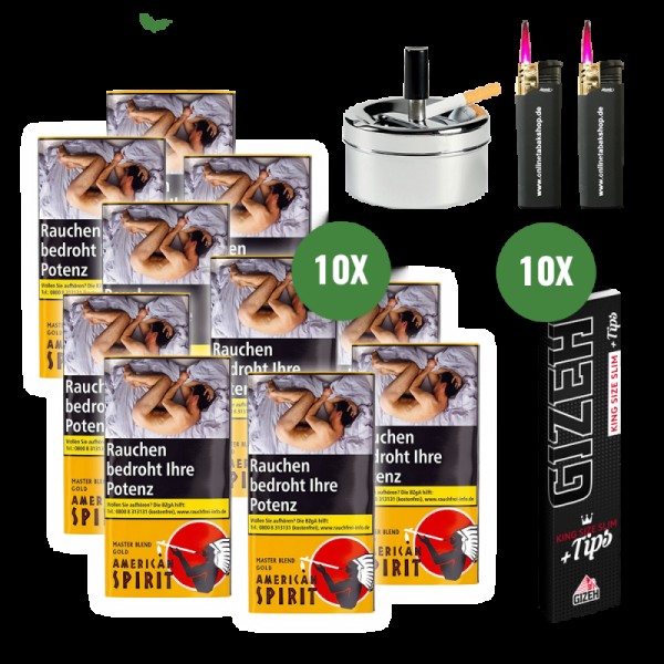 American Spirit Master Blend Gold (10 x 30g)  + 10 Gizeh Black King Size Slim Blättchen u. Tips, 2 Sturmfeuerzeuge, 1 Drehascher