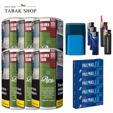 Pepe Rich Green Volumen Tabak (6 x 83g) + 1.000 Pall Mall Blue Xtra Hülsen + 3 Feuerzeuge + 2 Sturmfeuerzeuge + 1 GIZEH Etui