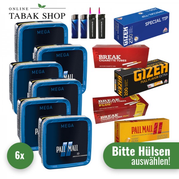 Pall Mall Blue Tabak Mega (6 x 125g) + 2.000 Hülsen (wählbar) + 2 Sturmfeuerzeuge + 2 Feuerzeuge