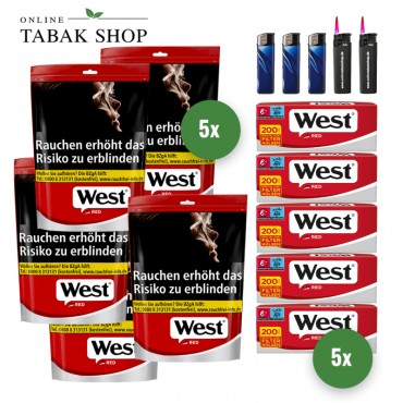 West Red Volumen Tabak (5 x 100g) + 1.000 West Red Hülsen + 3 Feuerzeuge + 2 Sturmfeuerzeuge