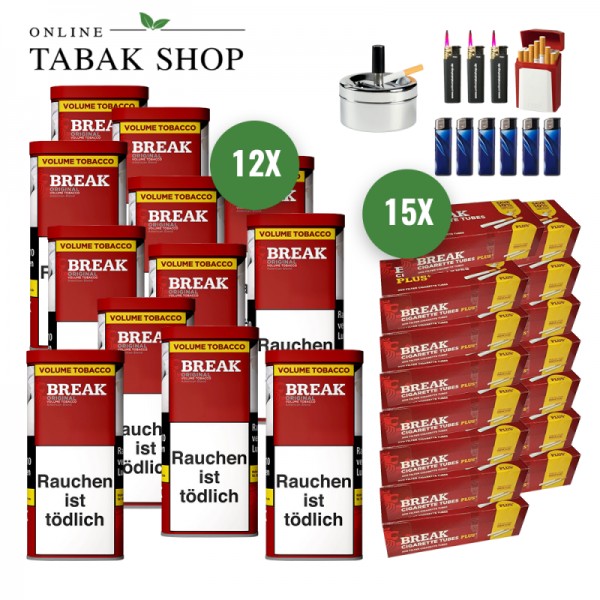 BREAK Original Tabak (12 x 85g) + 3.000 BREAK "Plus" Hülsen + 2 Sturmfeuerzeuge + 3 Feuerzeuge + 1 GIZEH Etui + 1 Drehascher