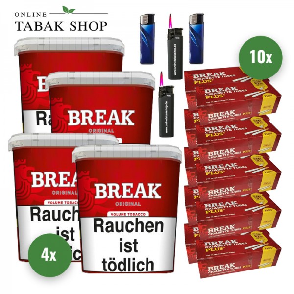 Break Original Volumentabak (4 x 195g) + 2.000 Break Plus Hülsen + 2 Feuerzeuge + 2 Sturmfeuerzeuge