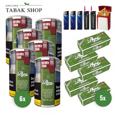 Pepe Rich Green Volumentabak Tabak (6 x 83g) + 1.000 PEPE Hülsen + 1 Etui + 3 Feuerzeuge + 2 Sturmfeuerzeuge