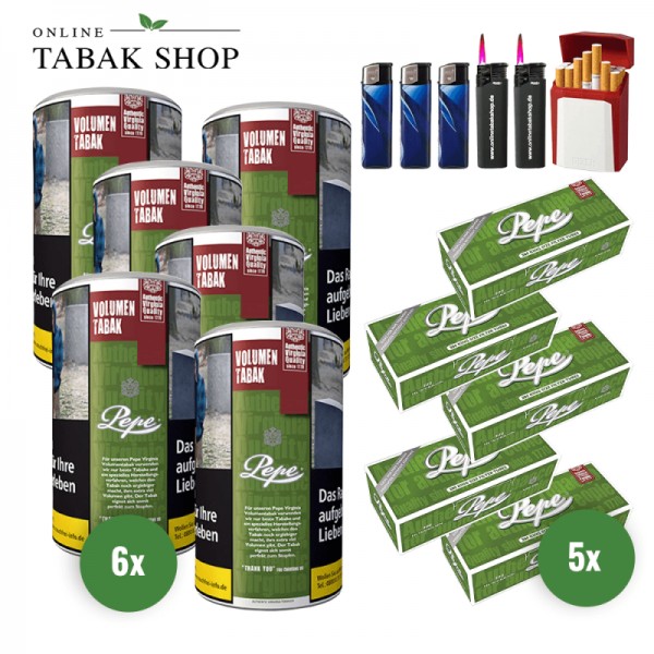 Pepe Rich Green Volumentabak Tabak (6 x 83g) + 1.000 PEPE Hülsen + 1 Etui + 3 Feuerzeuge + 2 Sturmfeuerzeuge