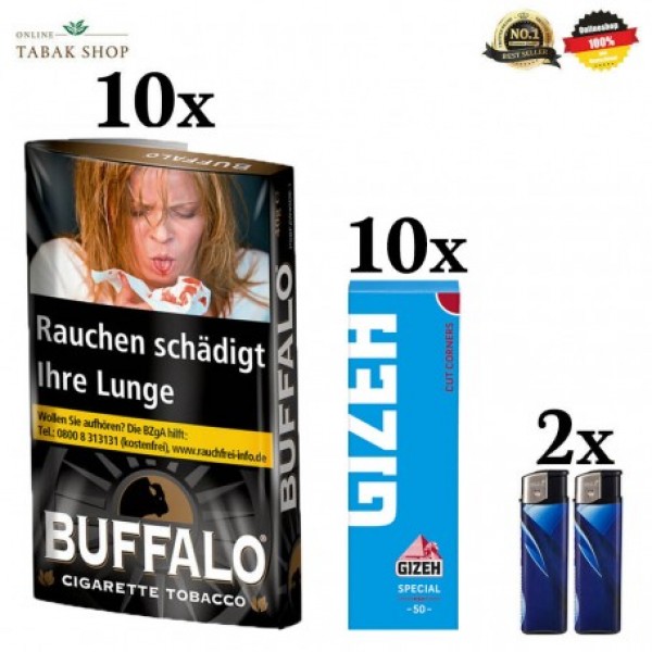 Buffalo Tabak Black (10 x 40g) + Gizeh Special Blau Blättchen (10 x 50er) + 2 Feuerzeuge