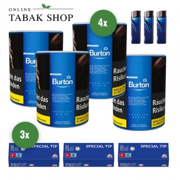 Burton Blue Tabak (4 x 120g) + 750 GIZEH Special Tip Hülsen + 3 Feuerzeuge